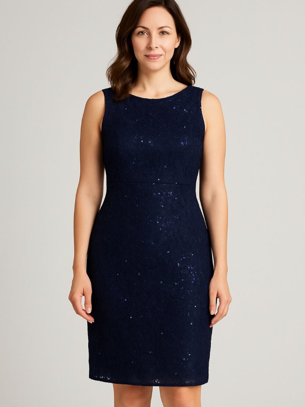 Scarlett navy blue sequin dress with a zipper back and rhinestone buckle